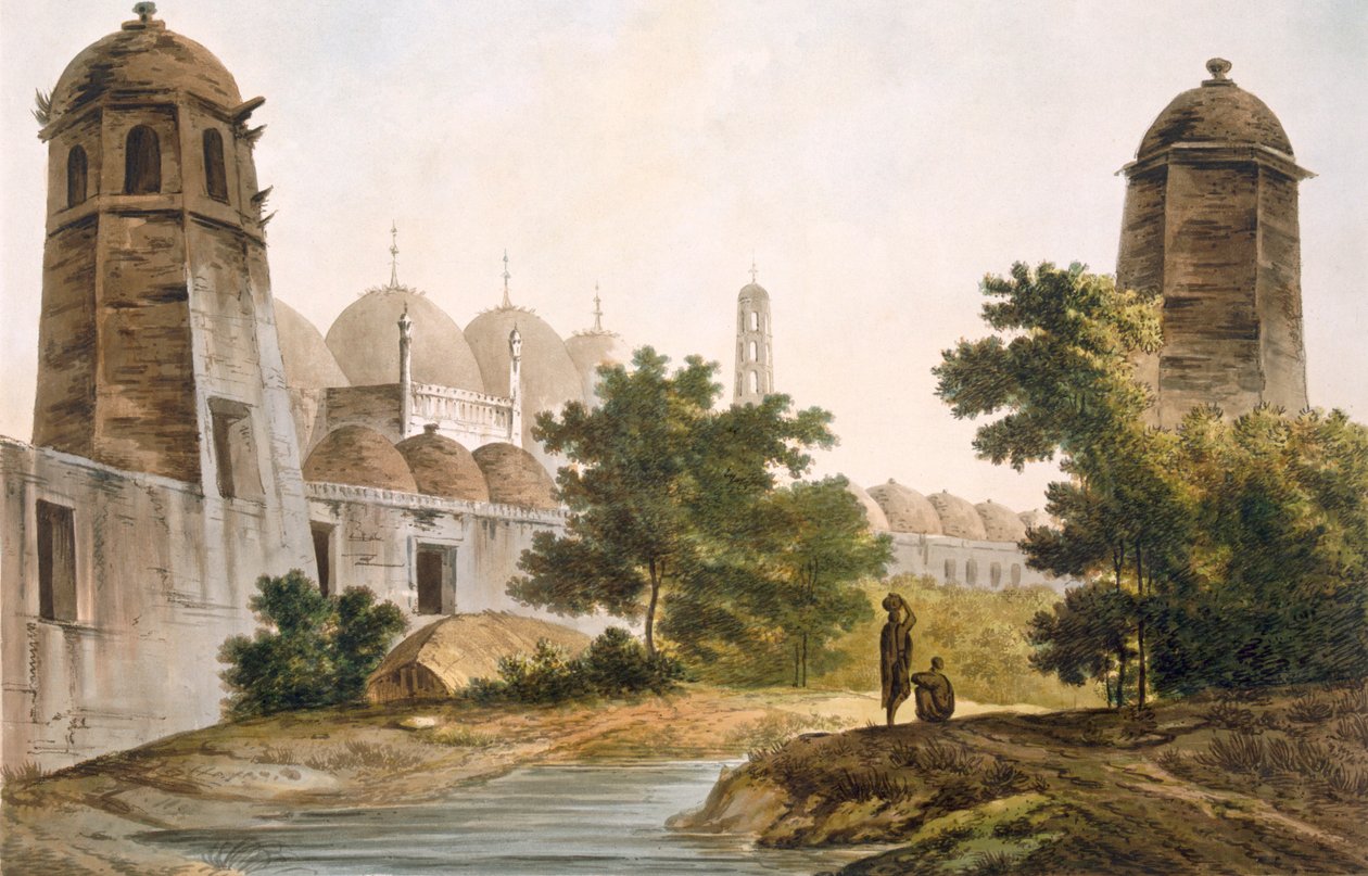 Uma vista da Cuttera construída por Jaffeir Cawn em Muxadavad, pub. 1785-88. de William Hodges