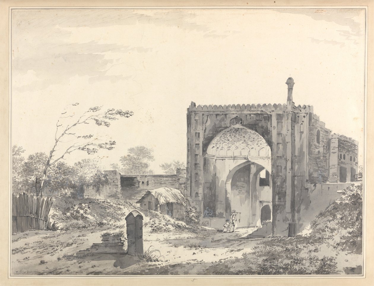 Vista do portão do caravançarai em Raje Mahel [Rajmahal] de William Hodges