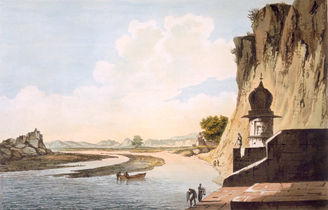 Uma vista do Gaut em Etawa, nas margens do rio Jumna, pub. 1785-88. de William Hodges