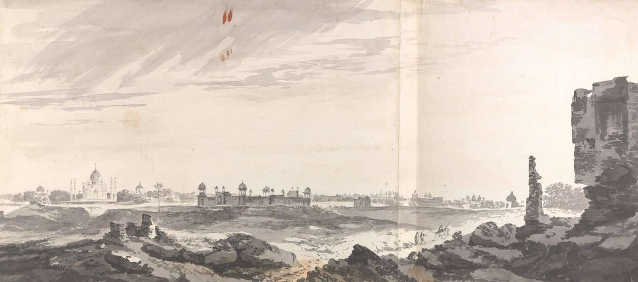 Uma vista das ruínas de Agra e do Taj Mahal de William Hodges