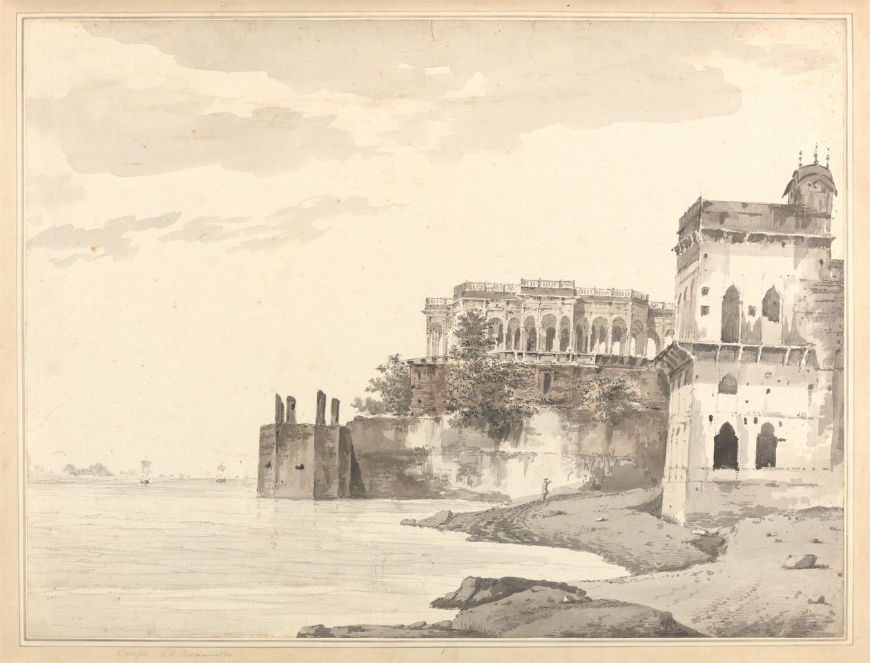 Vista das ruínas de um palácio em Gazipoor [Ghazipur], junto ao rio Ganges de William Hodges