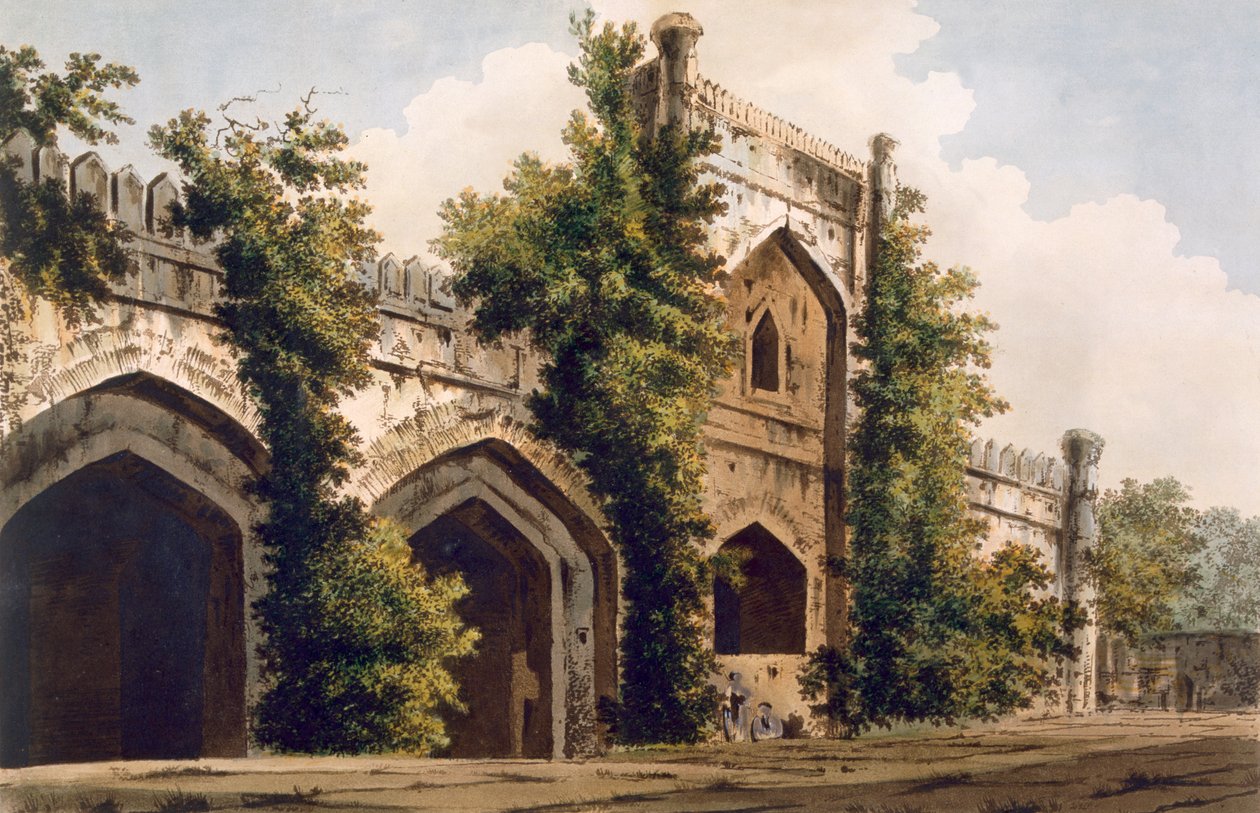 Uma visão de uma mesquita, em Rajemahel, 1785-88 (aquatinta colorido) de William Hodges