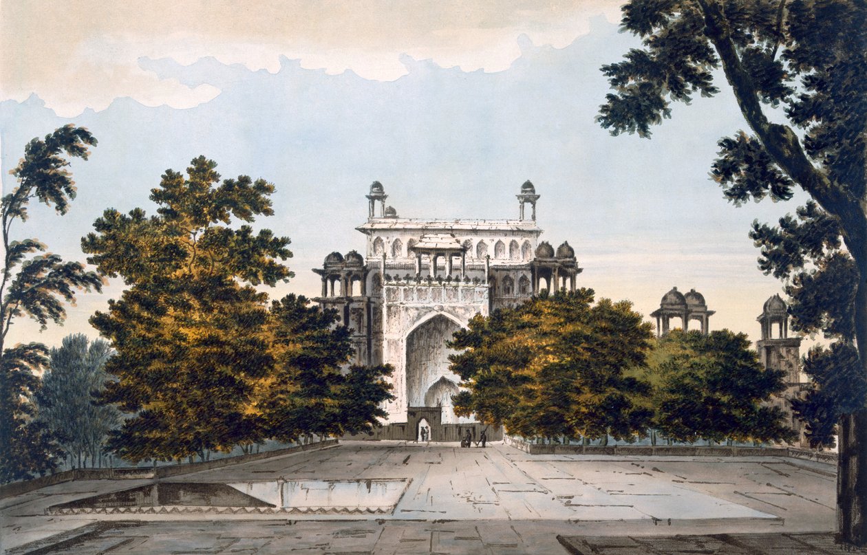 Uma vista de parte do túmulo do imperador Akbar em Secundru, 1785-88 (aquatinta colorido) de William Hodges