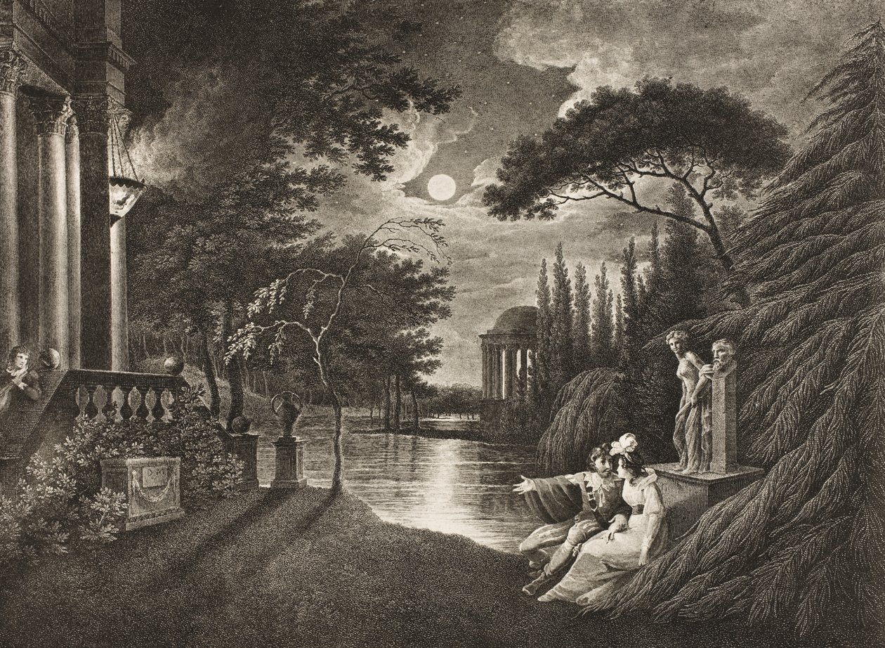 Belmont, Avenida da Casa de Portia, Ato IIV, Cena I, de &39;O Mercador de Veneza&39;, da Galeria Boydell Shakespeare, publicada no final do século XIX de William Hodges