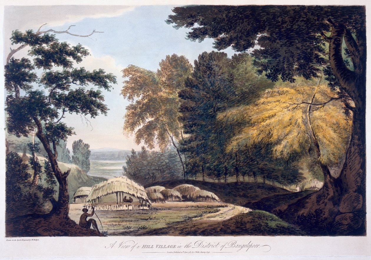 Hill Village no distrito de Bauhelepoor, 1787 (aquatinta) de William Hodges