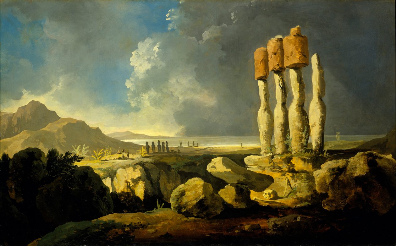 Monumentos na Ilha de Páscoa, c.1776 (óleo sobre painel) de William Hodges