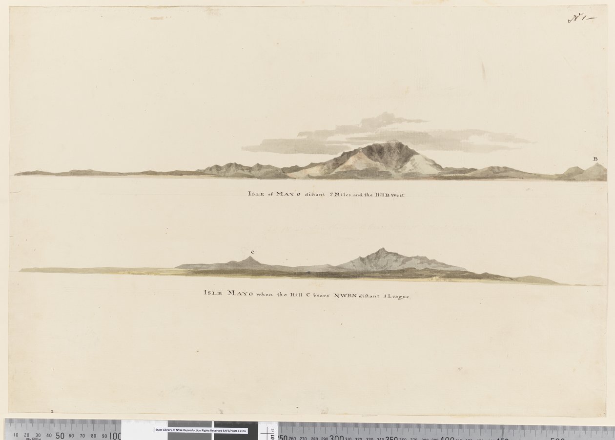 Página 1 (a) Perfil da costa da Ilha de Mayo, Ilhas de Cabo Verde. (b) Perfil da costa da Ilha de Mayo, Cabo Verde, olhando para noroeste de William Hodges