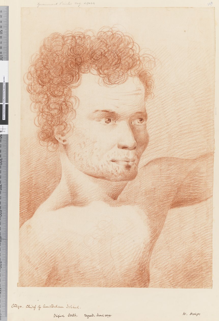 Pág. 24a Otago, chefe da ilha de Amsterdã, 1768-75 (giz vermelho e branco) de William Hodges
