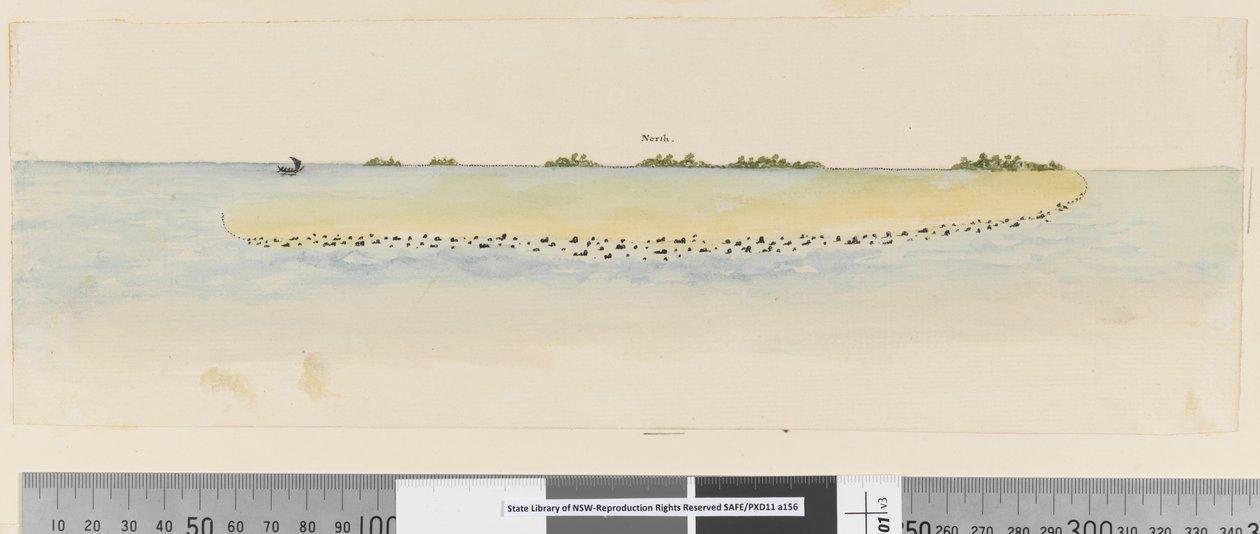 Página 25b/b Perfil de uma ilha do Pacífico não identificada mostrando uma lagoa de William Hodges