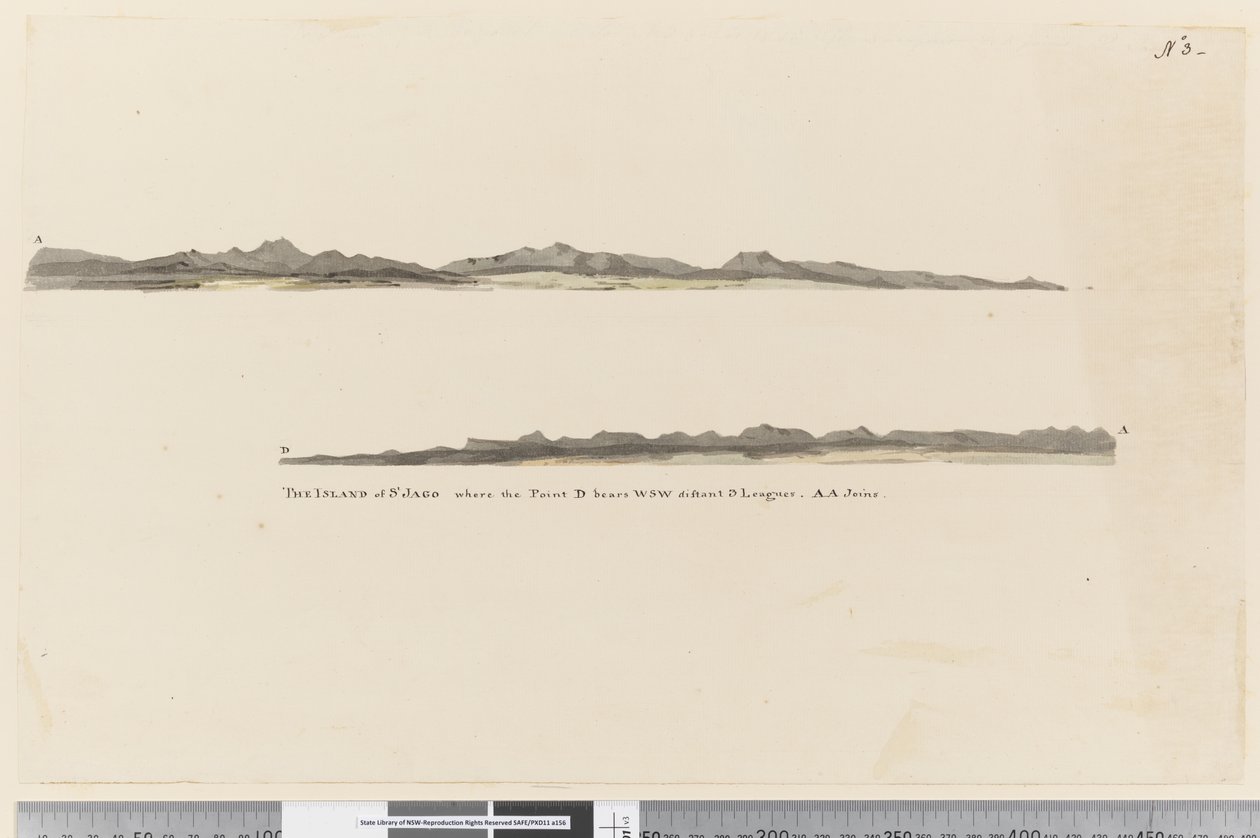 Página 3 Perfil da Ilha de St. Jago, Ilha de Cabo Verde. Título A Ilha de St. Jago, onde o ponto D tem o WSW distante 3 léguas. AA junta-se de William Hodges