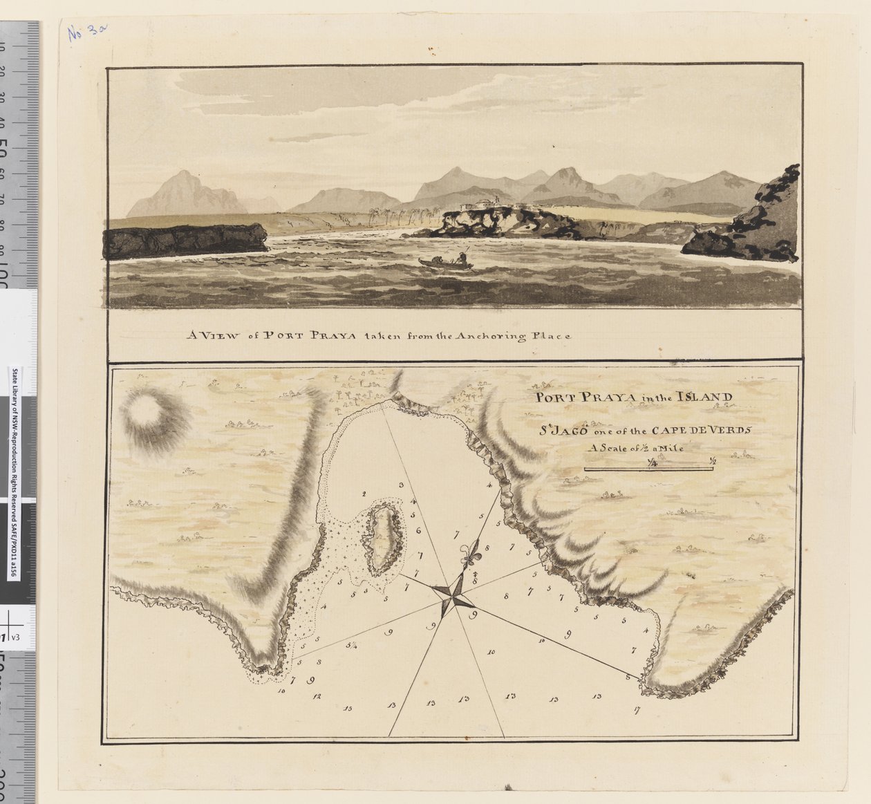 Página 3a Carta de Port Praya na Ilha de São Jago, Ilhas de Cabo Verde. Título 