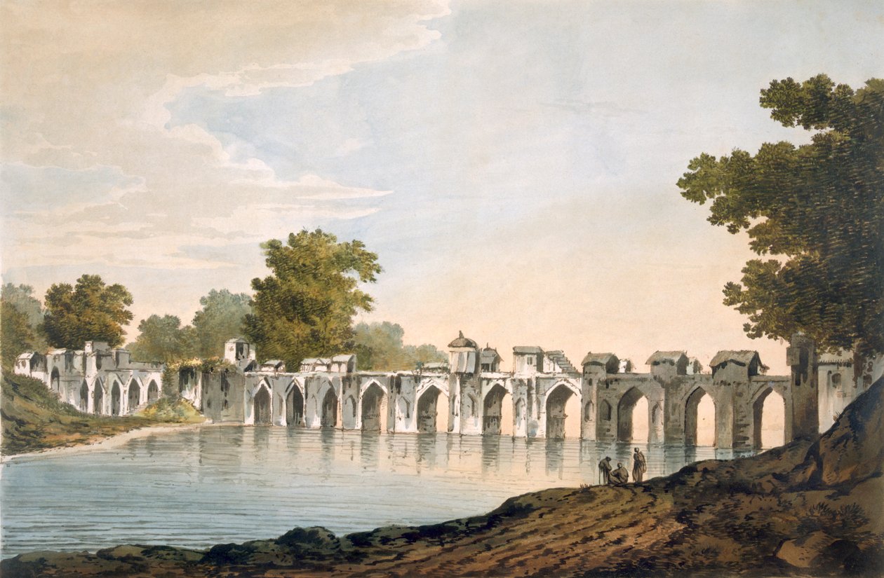 Pl. 34 Uma vista da ponte em Ilionpoor sobre o rio Goomty de &39;Select Views in India&39;, pub. 1785-88 (gravura colorida com aquatint) de William Hodges