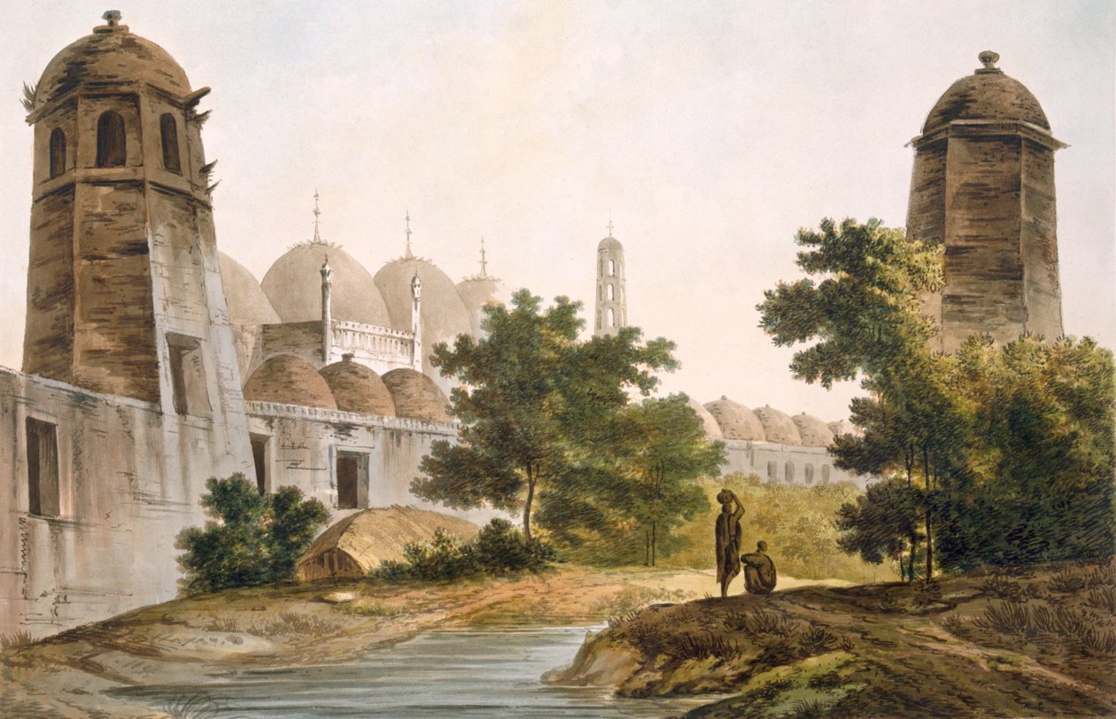 Pl. 41 Uma visão do Cuttera construído por Jaffeir Cawn em Muxadavad, de &39;Select Views in India&39;, pub. 1785-88 (gravura colorida com aquatint) de William Hodges