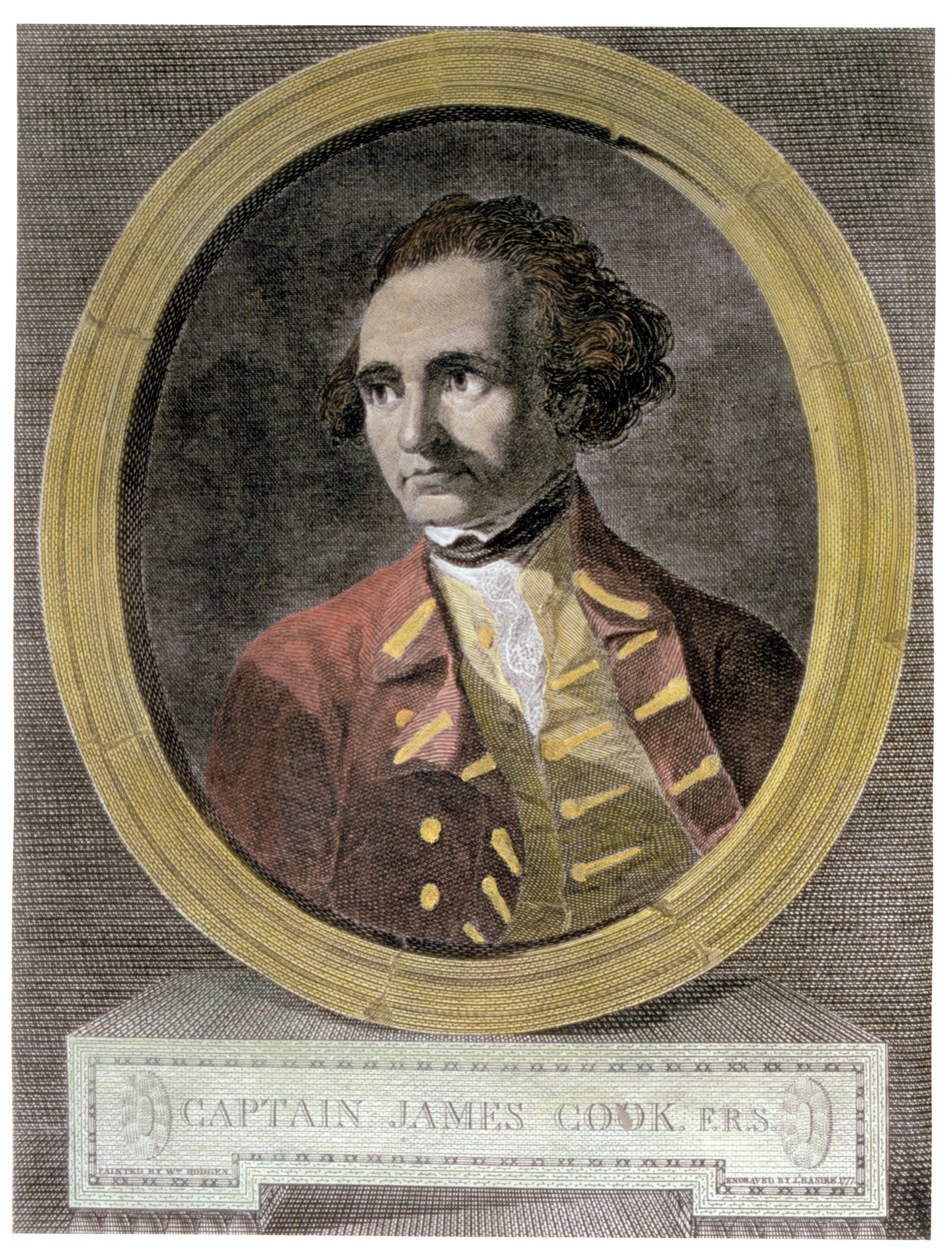 Retrato do capitão James Cook (1728-79), do frontispício de &39;Viagem ao redor do mundo até o pólo sul&39; (posterior coloração) de William Hodges