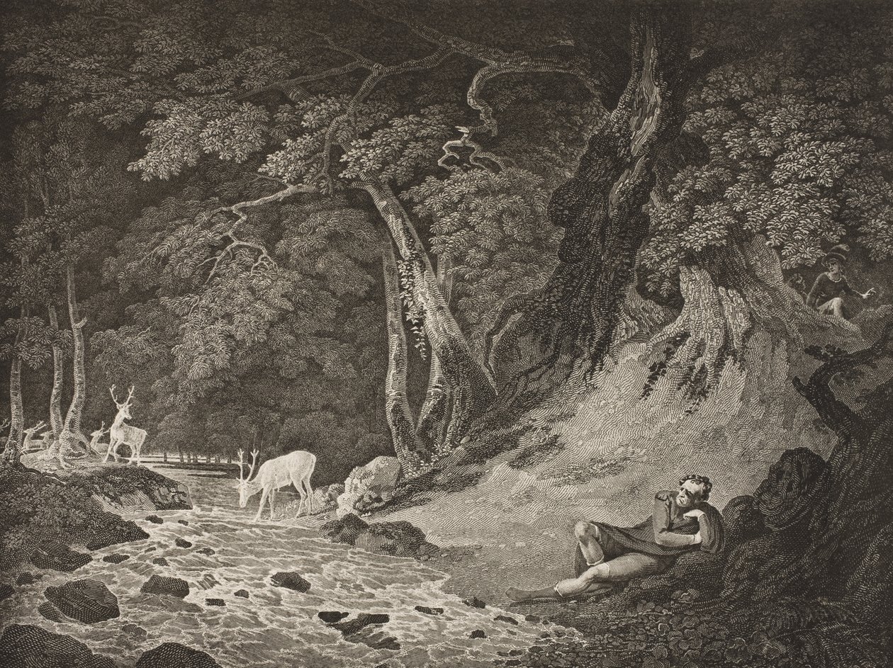 A Floresta de Arden, Ato II, Cena I, de &39;As You Like It&39;, da The Boydell Shakespeare Gallery, publicada no final do século XIX de William Hodges
