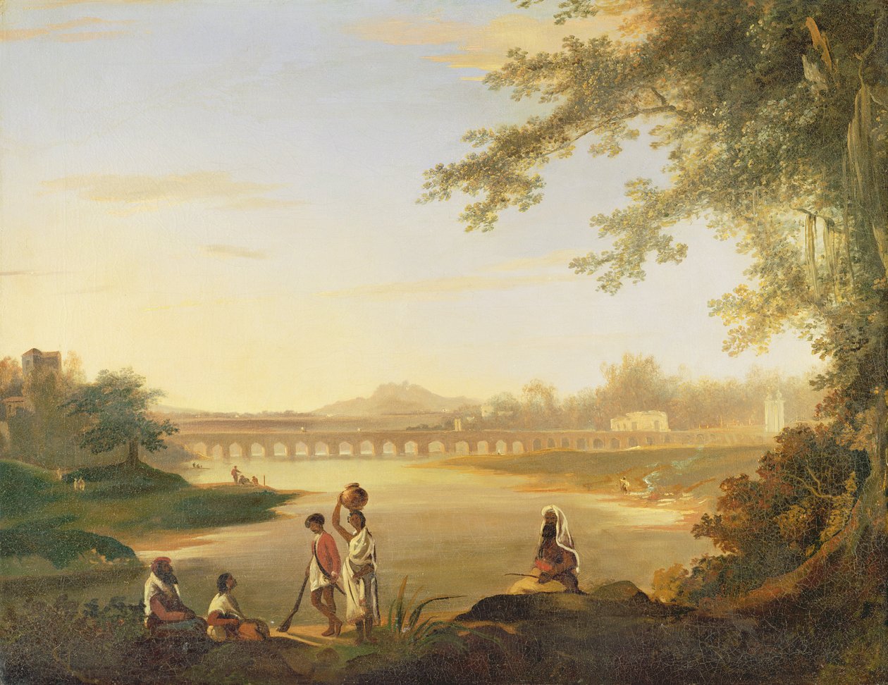 A ponte de Marmalong, com um Sepoy e nativos em primeiro plano, c.1783 de William Hodges
