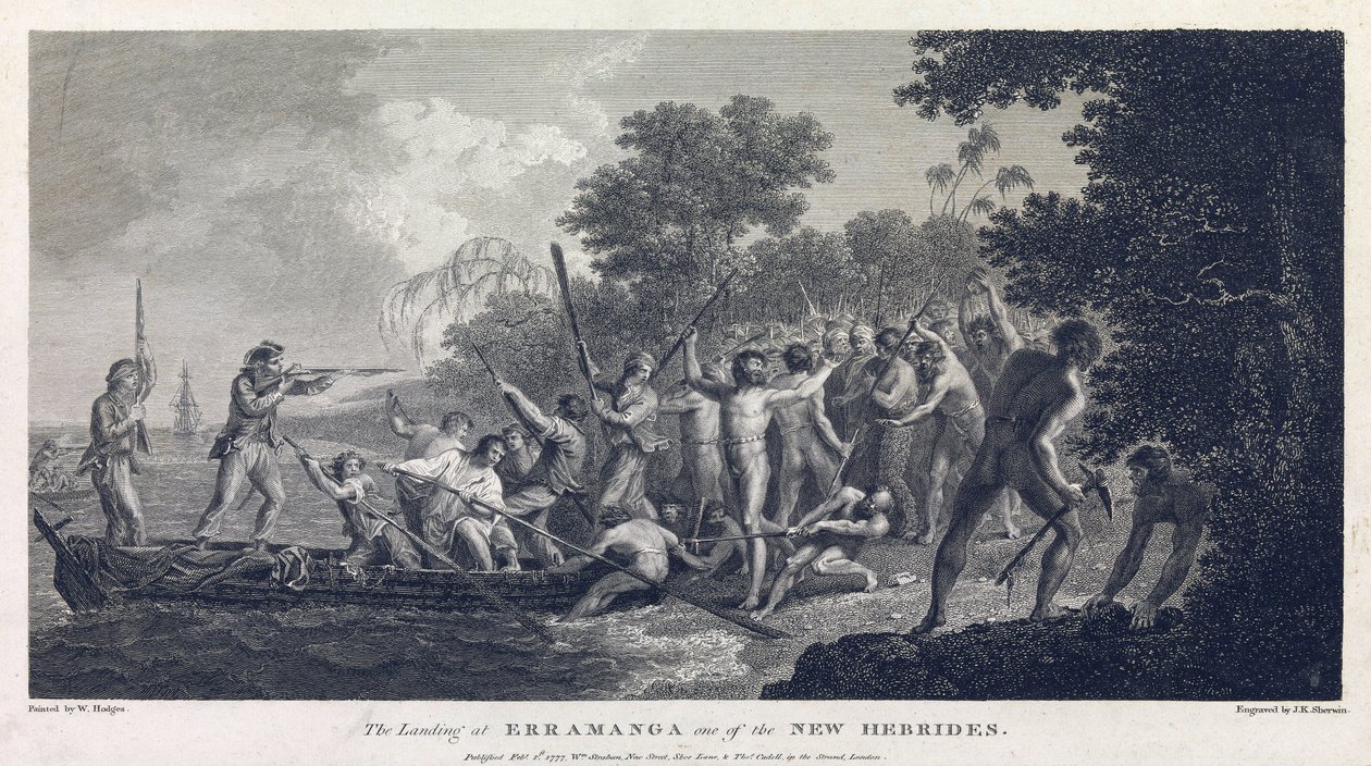 Desembarque em Erramanga (ou Eromanga), uma das ilhas de Vanuatu (antigas Novas Hébridas, arquipélago do Oceano Pacífico), mostrando a tripulação de uma canoa a lutar com guerreiros da ilha de William Hodges