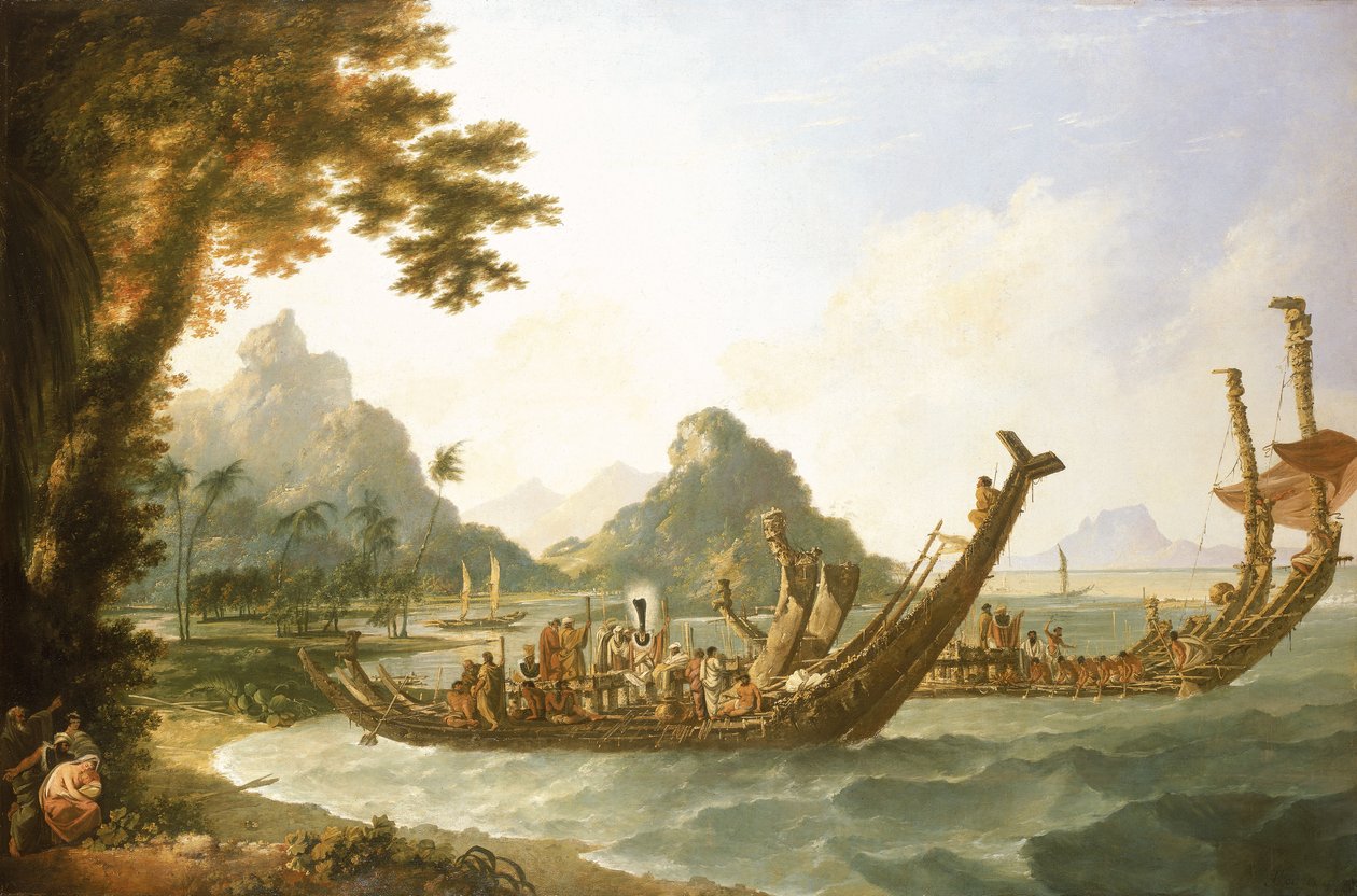 Os barcos de guerra da ilha de Otaheite (Tahiti) e das Ilhas da Sociedade, com vista para parte do porto de Ohaneneno, na ilha de Ulieta, uma das Ilhas da Sociedade de William Hodges