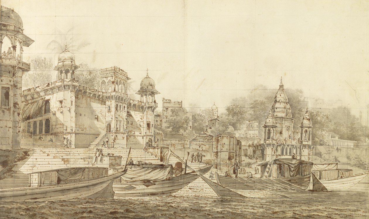 Vista da parte da cidade de Benares, c.1781 (lavagem cinza com pincel und tinta sobre lápis sobre papel colocado no monte de lavagem) de William Hodges