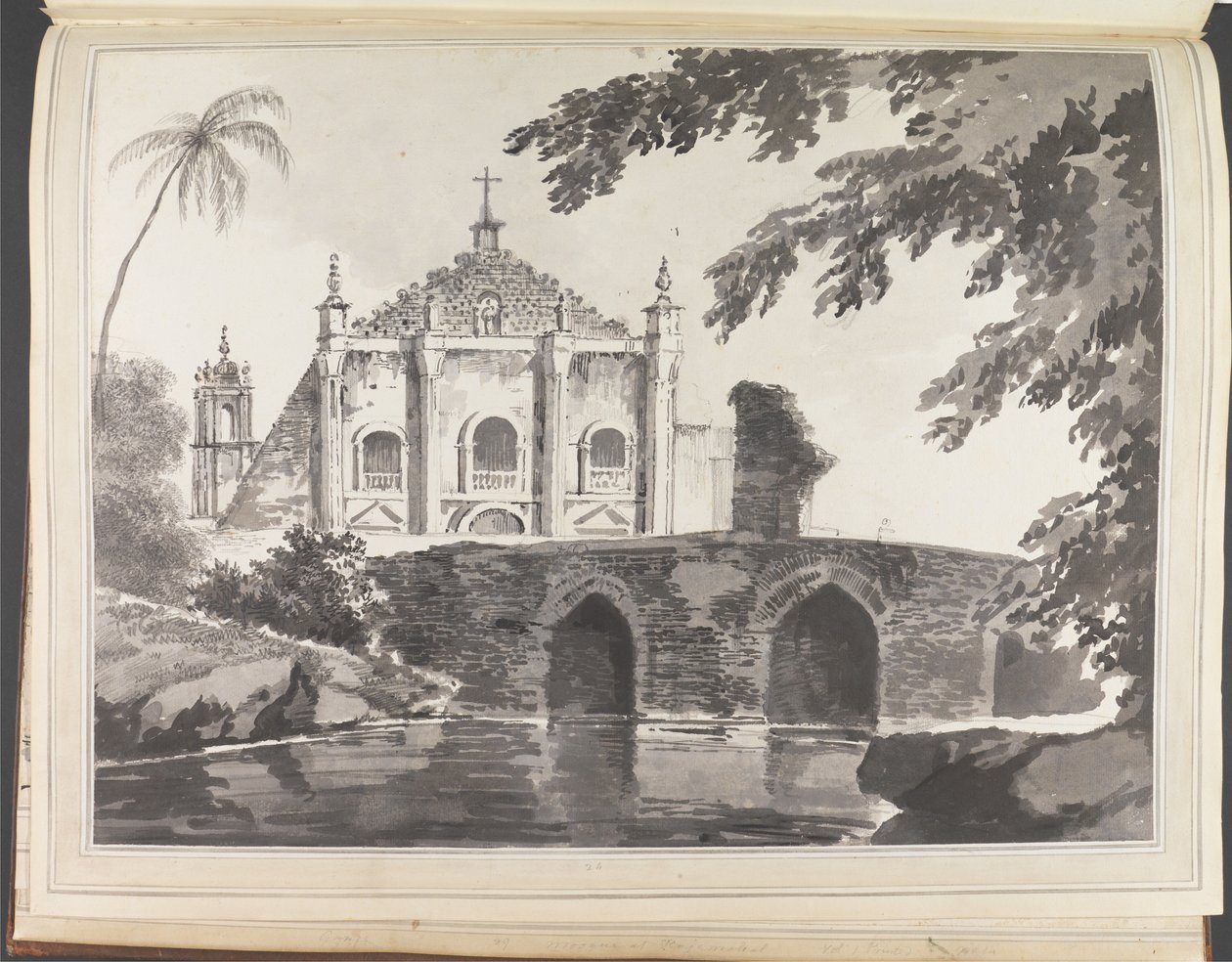 Vista de uma ponte e de uma igreja cristã de William Hodges