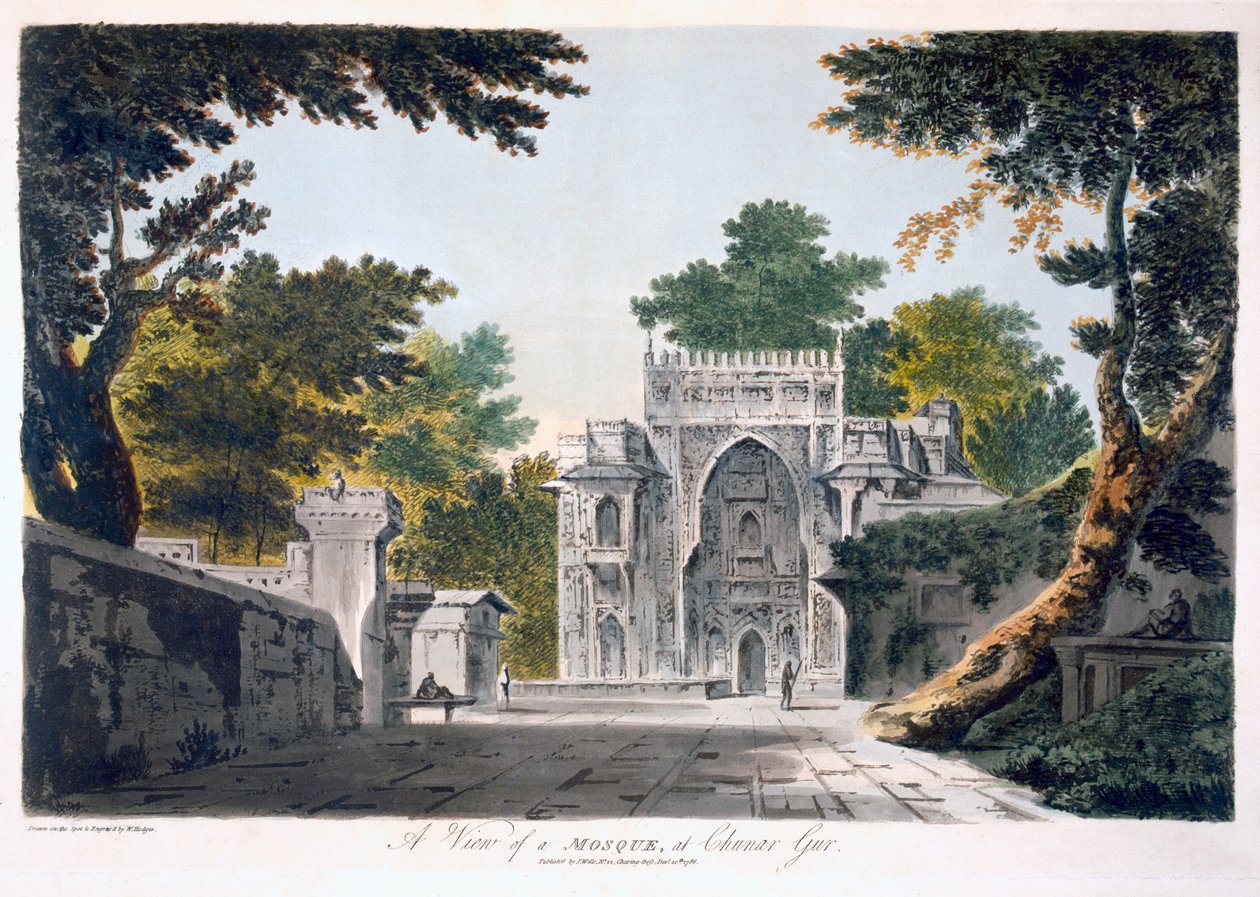 Vista de uma mesquita em Chunar Gur, 1786 (aquatint) de William Hodges