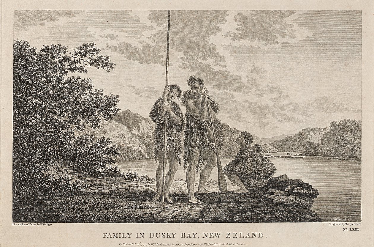 Vista da Baía das Ilhas (Dusky Bay) (Nova Zelândia), com uma família Maori. Gravura (33,9x47,1 cm) a partir de um desenho de William Hodges (1744-1797), cerca de 1785. de William Hodges