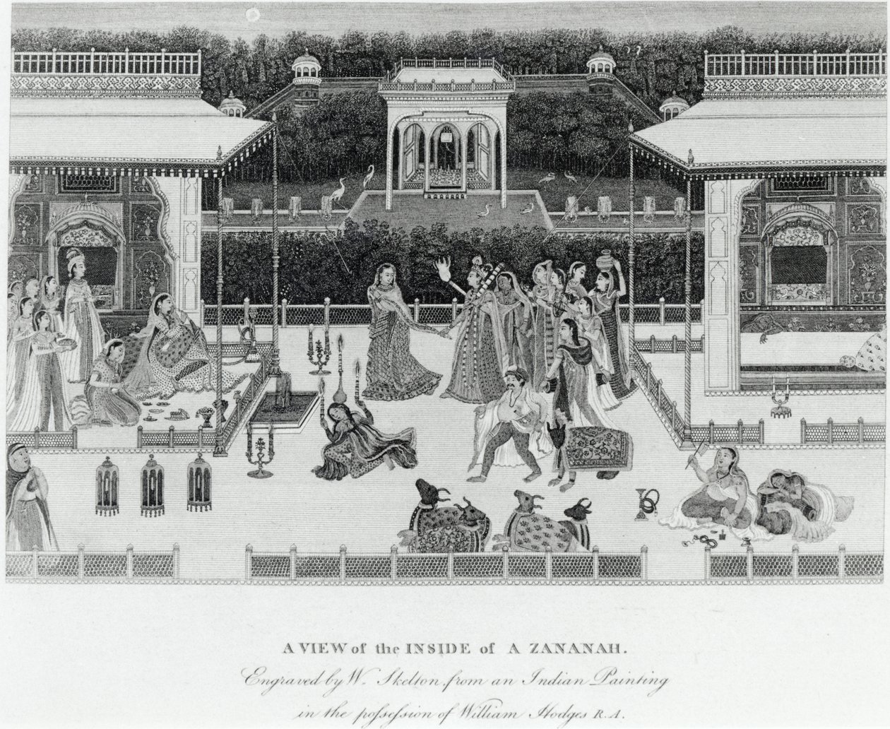 Vista do interior de uma Zananah, gravada por William Skelton (1763-1848) de William Hodges