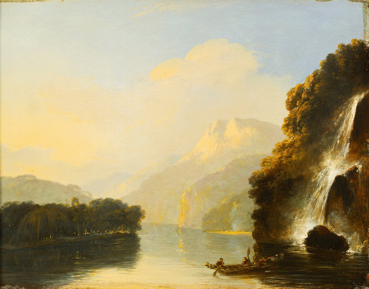 Cascata em Dusky Bay com uma canoa Maori de William Hodges