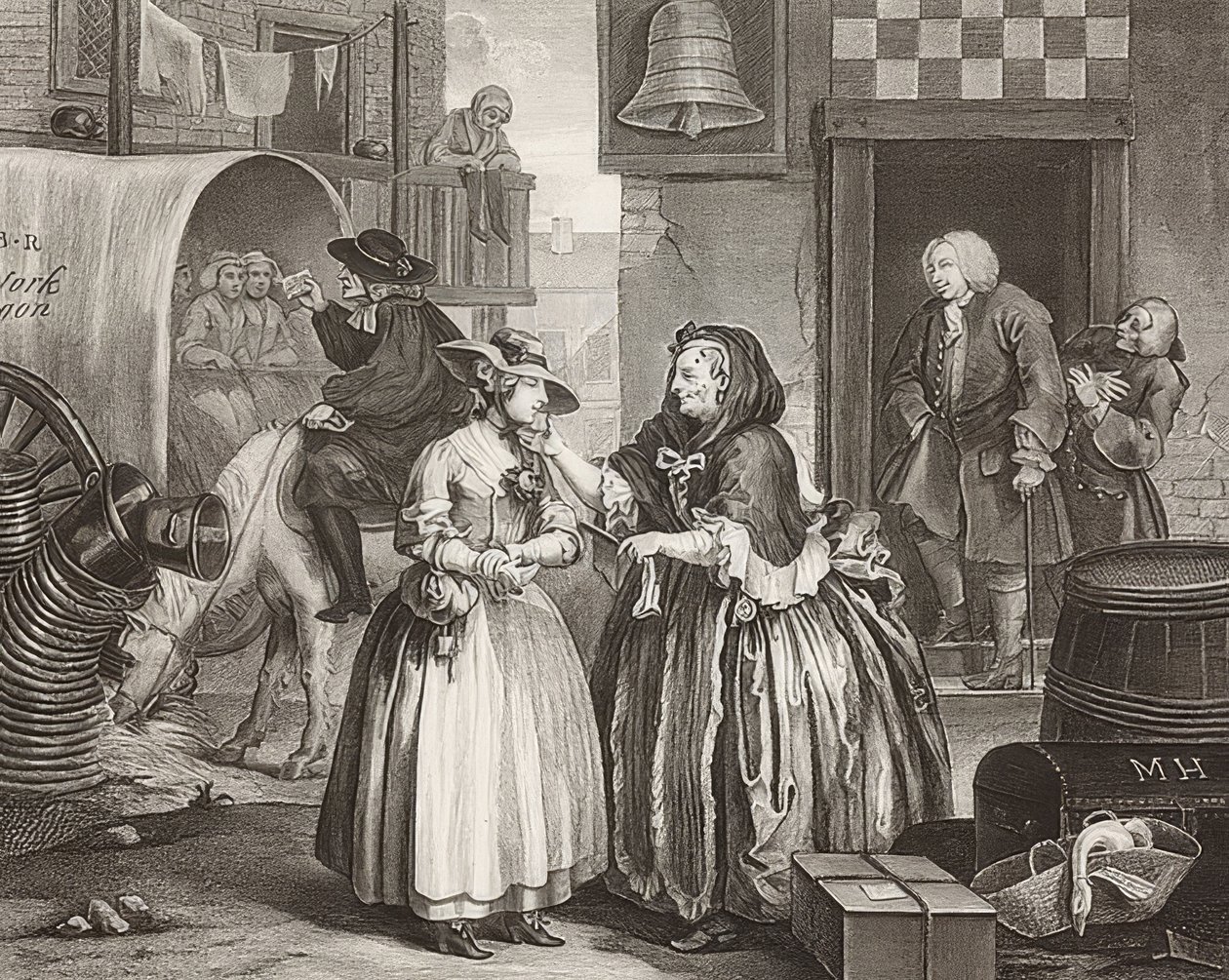 O progresso de uma prostituta - O caminho de uma prostituta, Folha 1: Chegada em Londres. 1732 de William Hogarth