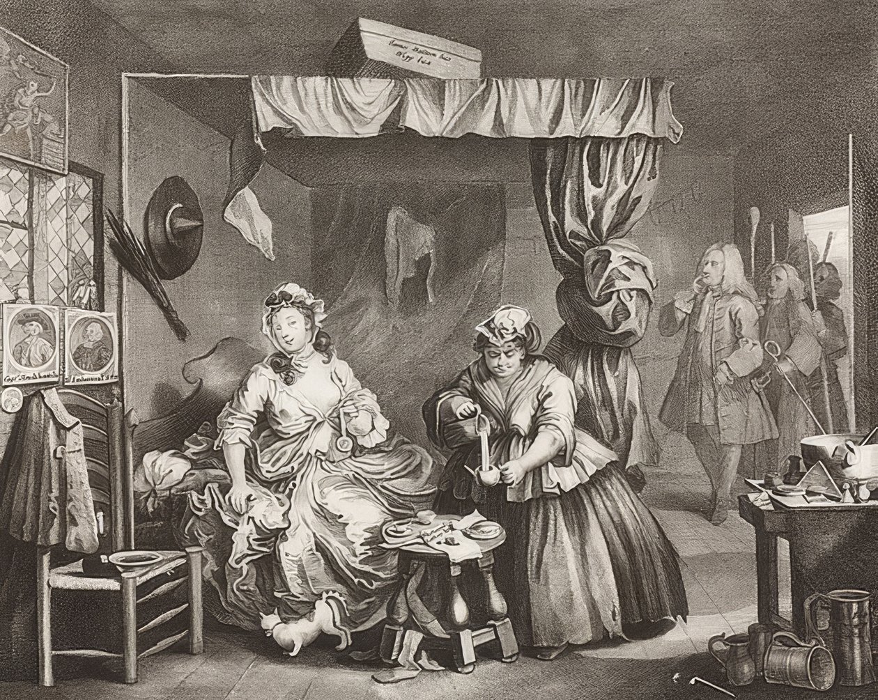 O progresso de uma prostituta - O caminho de uma prostituta, Folha 3: A prisão. 1732 de William Hogarth