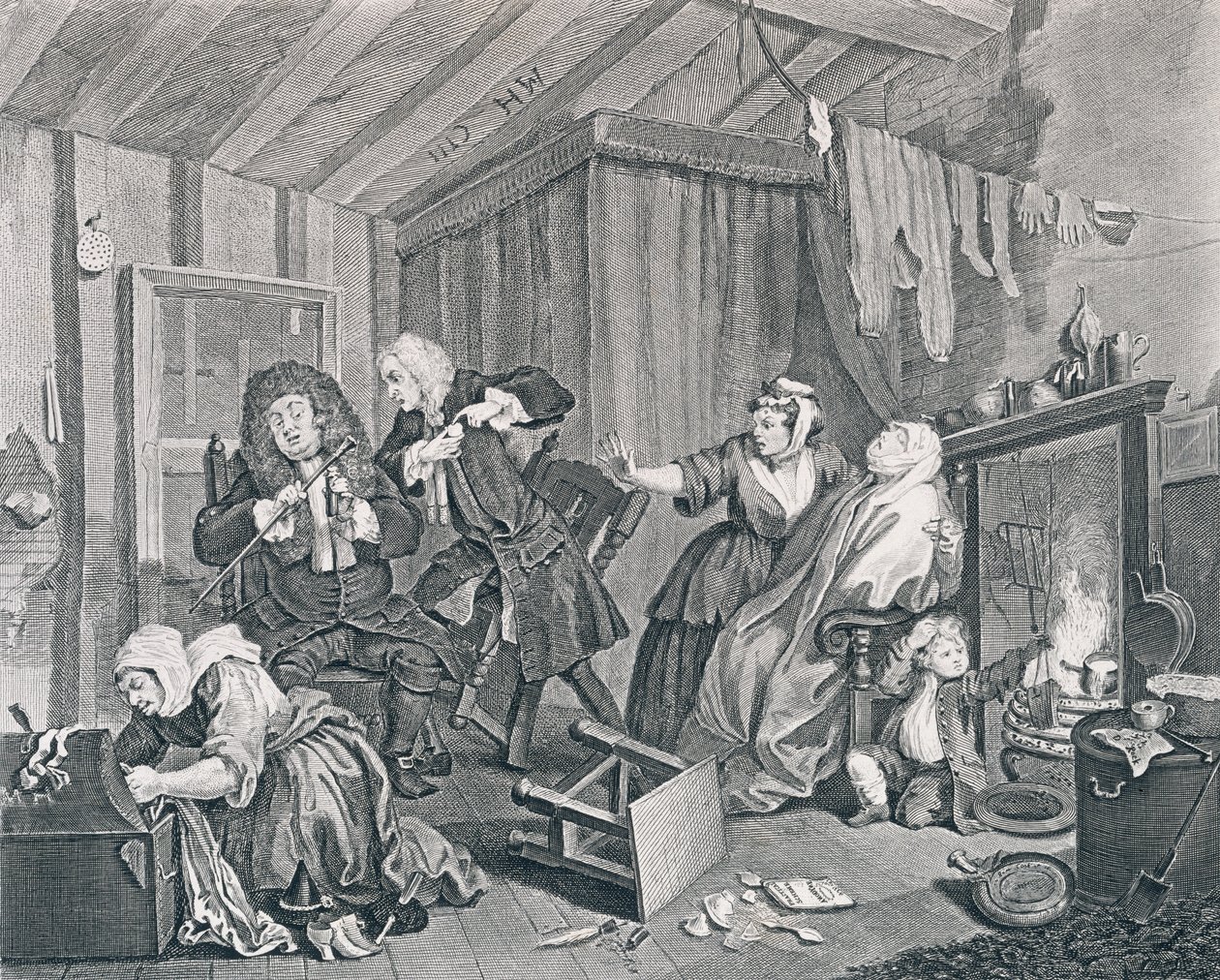 Progresso de uma prostituta, placa cinco: expira enquanto os doutores estão disputando, 1732 (gravura e gravação) de William Hogarth
