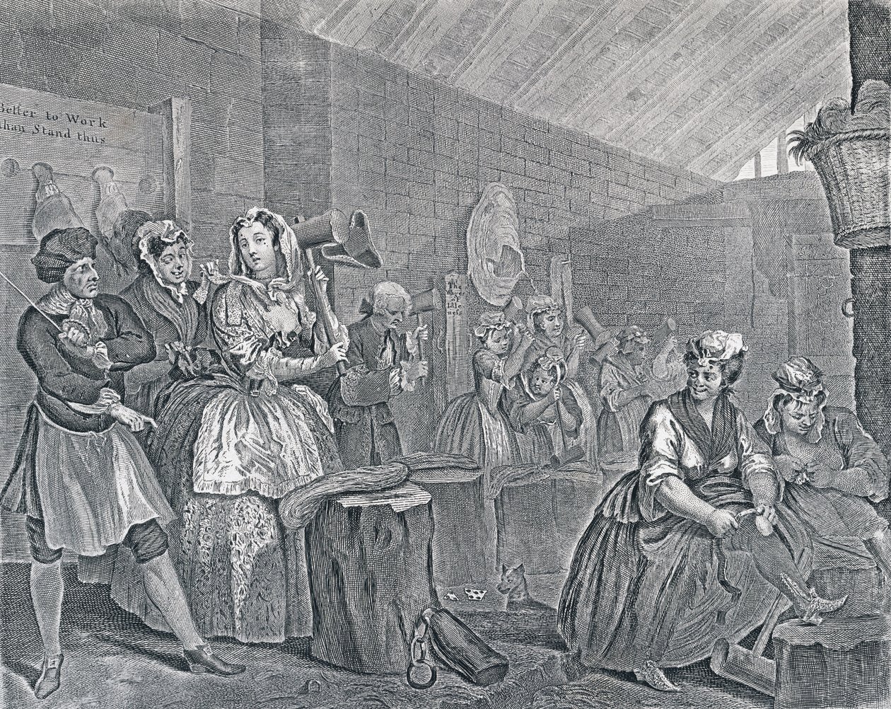 Progresso de uma prostituta, Placa Quatro: Cena em Bridewell, 1732 (gravura e gravura) de William Hogarth