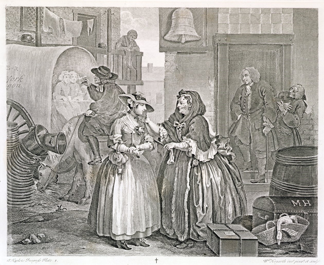 Progresso de uma prostituta, gravura um: enlaçado por um Procuress, 1732 (gravura e gravura) de William Hogarth