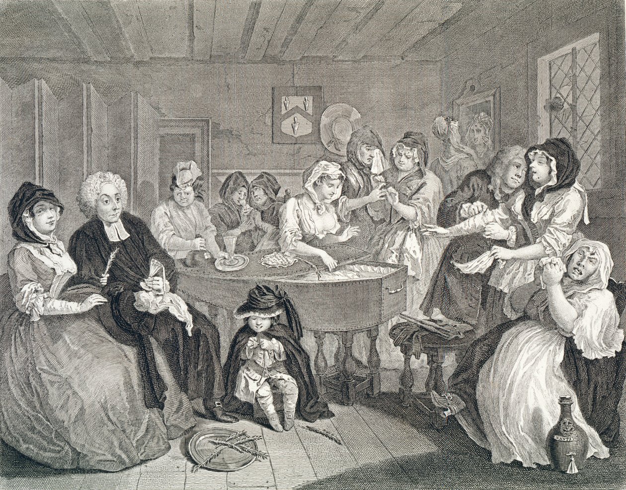 Progresso de uma prostituta, placa seis: o funeral, gravura e gravura) de William Hogarth