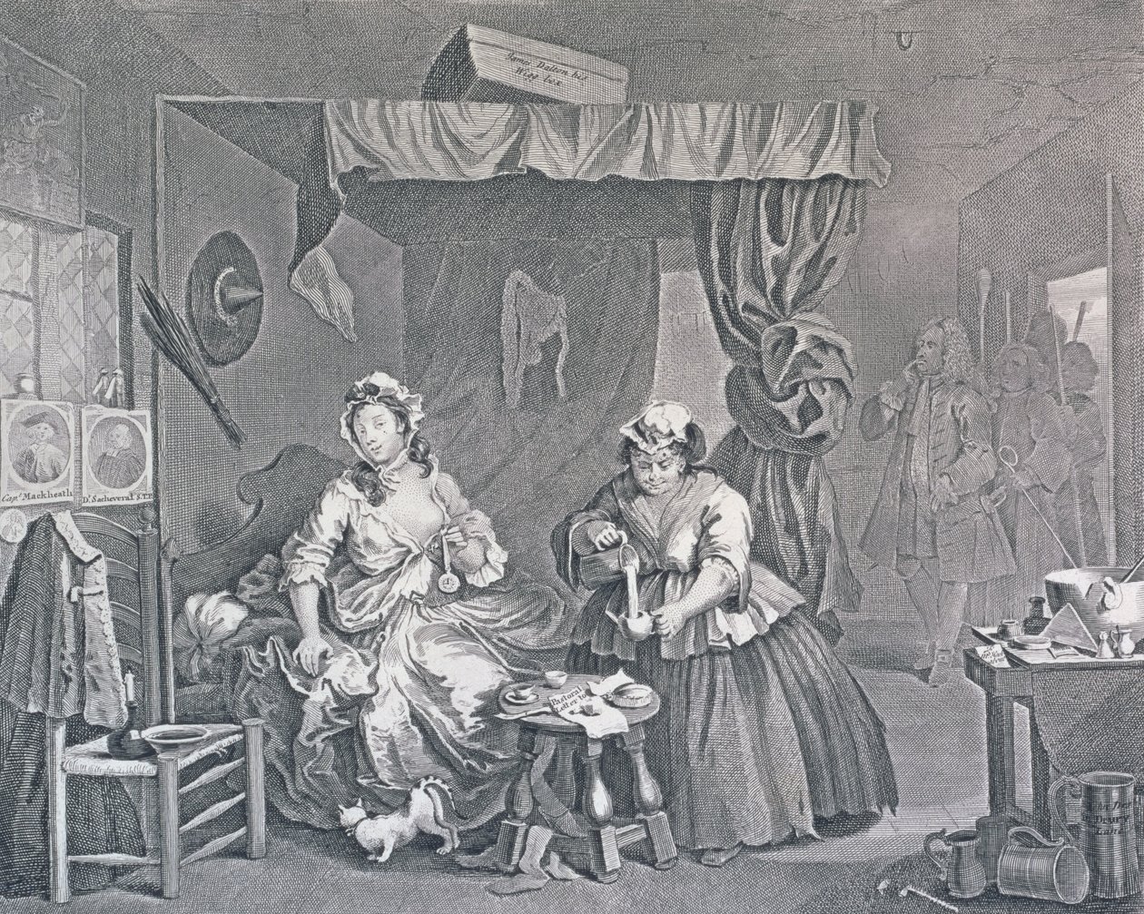 Progresso de uma prostituta, Placa Três: Preso por um magistrado, 1732 (gravura e gravura) de William Hogarth