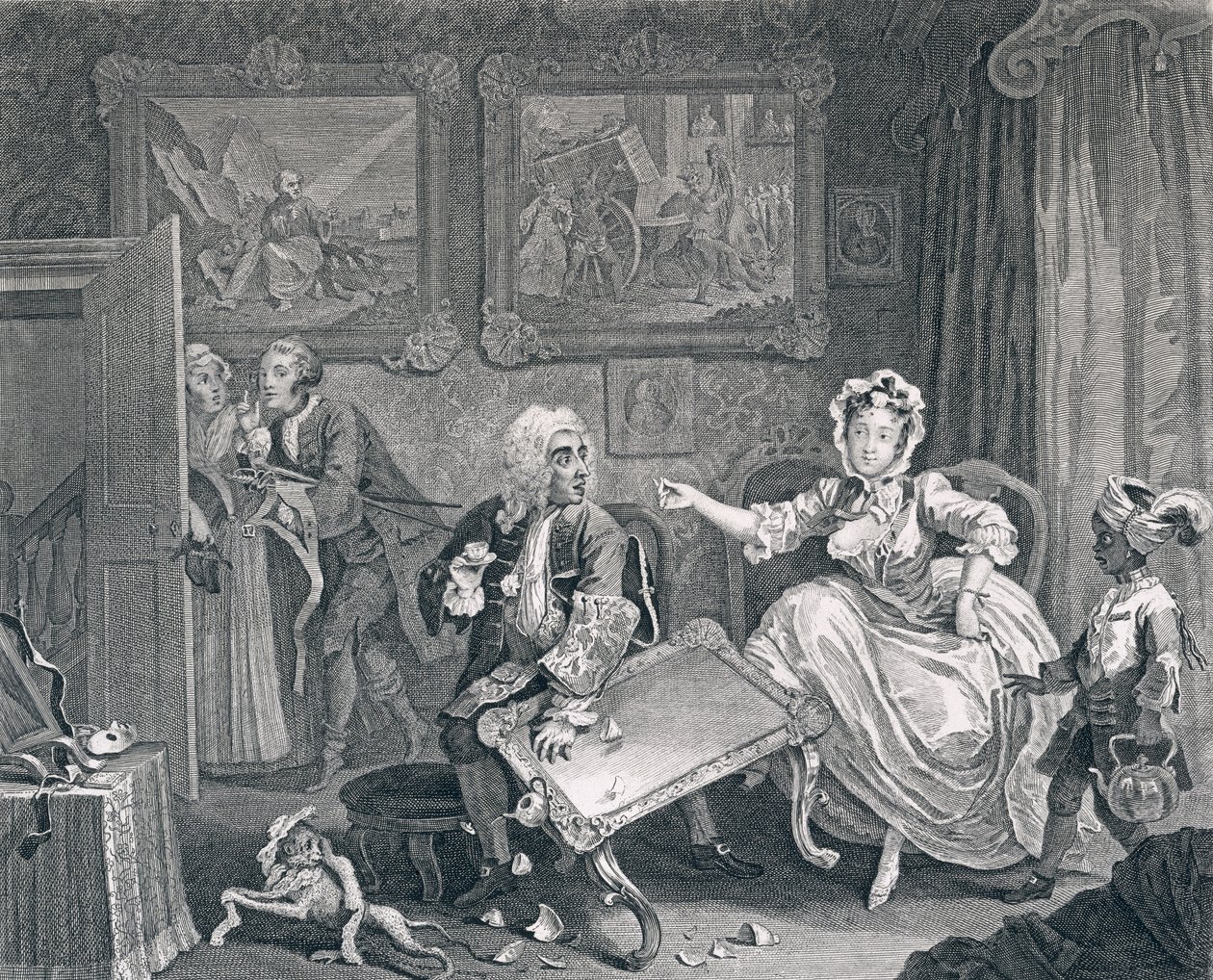O Progresso de Uma Prostituta, Placa Dois: Brigas com seu Protetor Judeu, 1732 (gravura e gravura) de William Hogarth