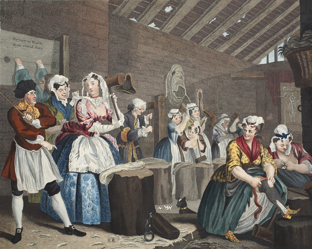 Progresso de uma prostituta, Plate lV: Cena em Bridewell, ilustração de &39;Hogarth restaurado: Obras inteiras do célebre William Hogarth, re-gravado por Thomas Cook&39;, pub. 1812 (gravura colorida à mão de William Hogarth