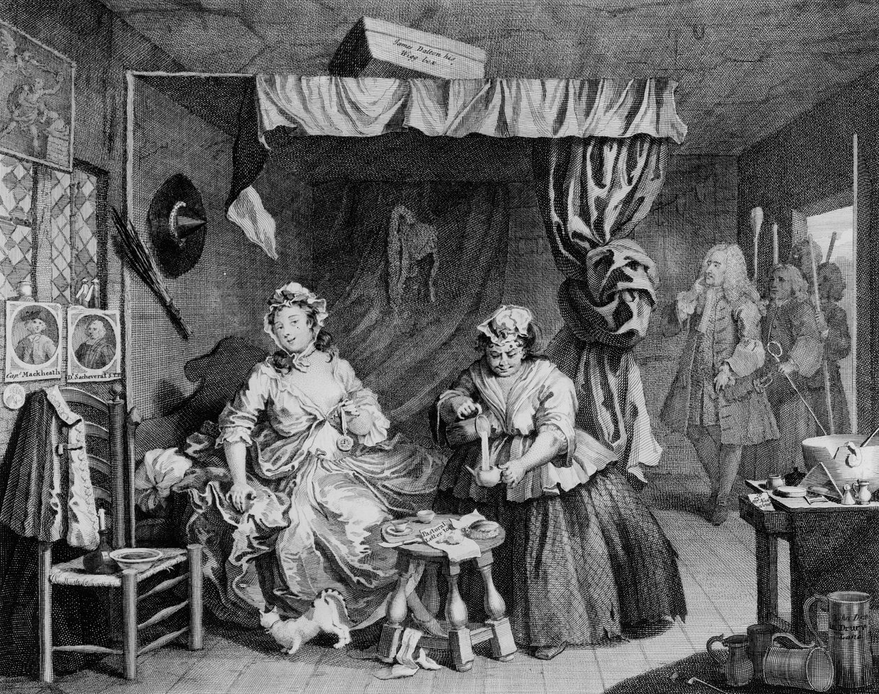 Progresso de uma prostituta, prato III, &39;Appreendido pelo Magistrado&39;, 1732 de William Hogarth