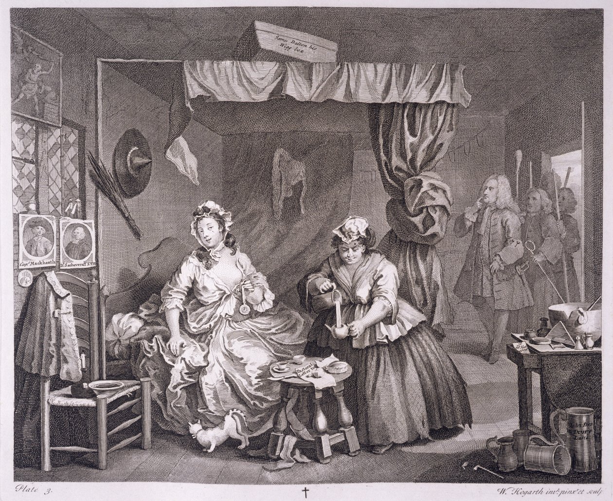 Progresso de uma prostituta, prato III, de "As obras originais e genuínas de William Hogarth", publicado em Londres, 1820-22 de William Hogarth
