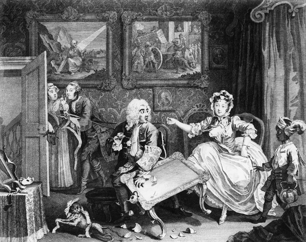 Progresso de uma prostituta, prato II, brigas com seu protetor judeu de William Hogarth