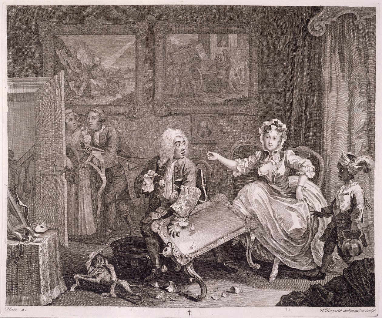 Progresso de uma prostituta, prato II, de "As obras originais e genuínas de William Hogarth", publicado em Londres, 1820-22 de William Hogarth