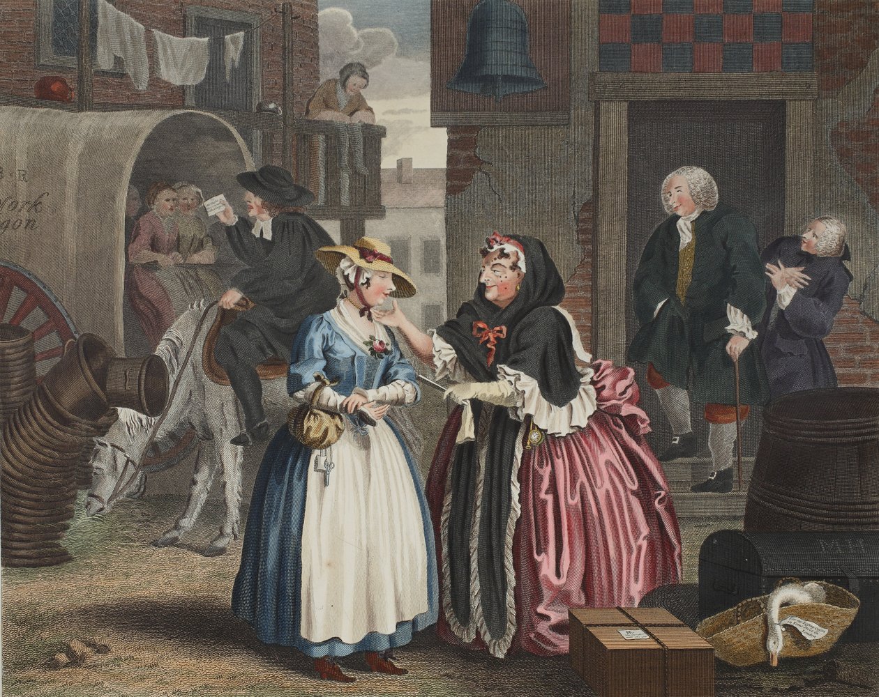 Progresso de uma prostituta, placa I, ilustração de &39;Hogarth restaurado: as obras inteiras do célebre William Hogarth, re-gravado por Thomas Cook&39;, pub. 1812 (gravura colorida à mão) de William Hogarth