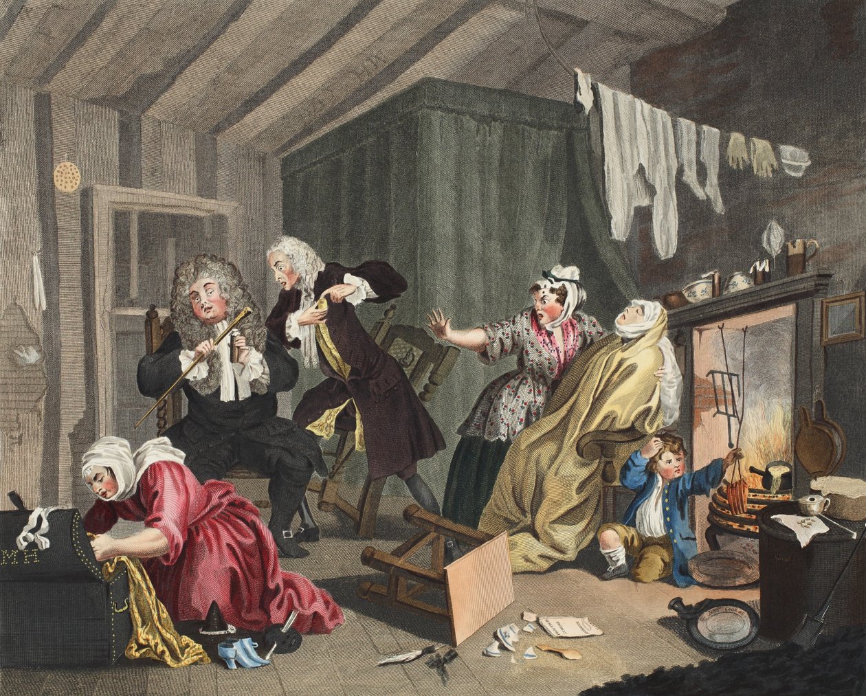 Progresso de uma prostituta, placa V, ilustração de &39;Hogarth restaurado: Obras inteiras do célebre William Hogarth, re-gravado por Thomas Cook&39;, pub. 1812 (gravura colorida à mão) de William Hogarth