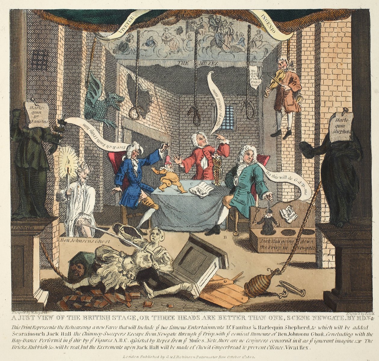 Uma vista justa do palco britânico ou três cabeças é melhor do que um, 1724, ilustração de &39;Hogarth restaurado: as obras inteiras do célebre William Hogarth, re-gravado por Thomas Cook&39;, pub. 181 de William Hogarth