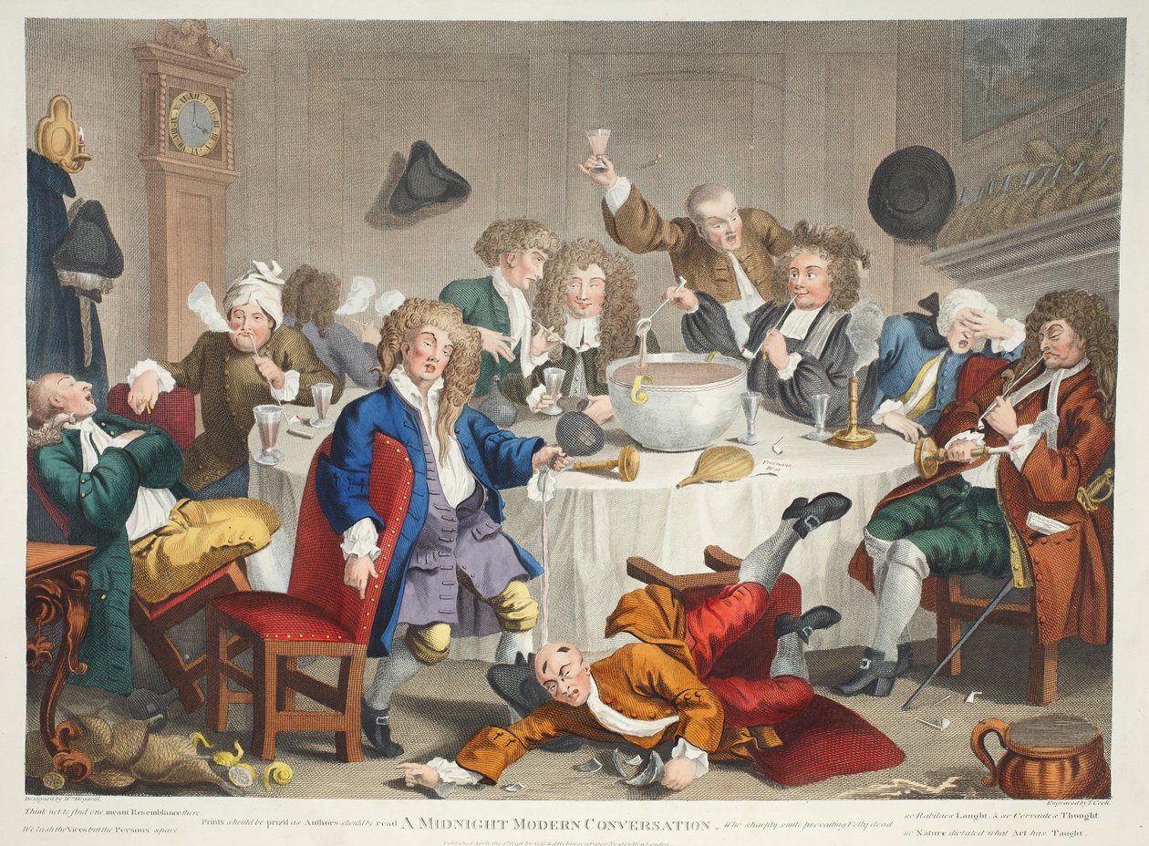 Uma conversação moderna da meia-noite, ilustração de "Hogarth restaurado: Todo obras do célebre William Hogarth, re-gravado por Thomas Cook", pub. 1812 (gravura colorida à mão) de William Hogarth