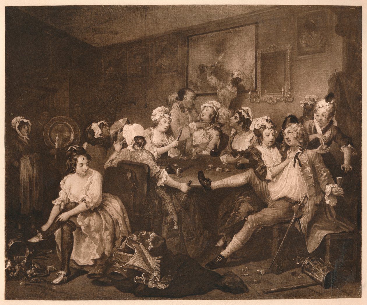 A Rakes Progress - 3: A Orgia, 1733. de William Hogarth