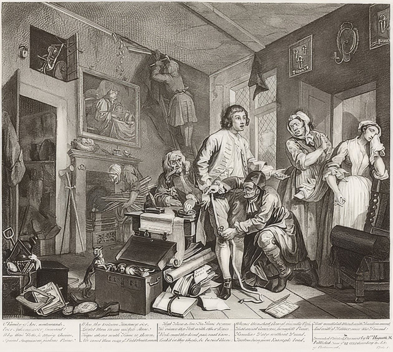 O progresso de um ancinho, ilustração 1: O ancinho que toma posse de seu patrimônio Folha 1: O legado. 1735 de William Hogarth