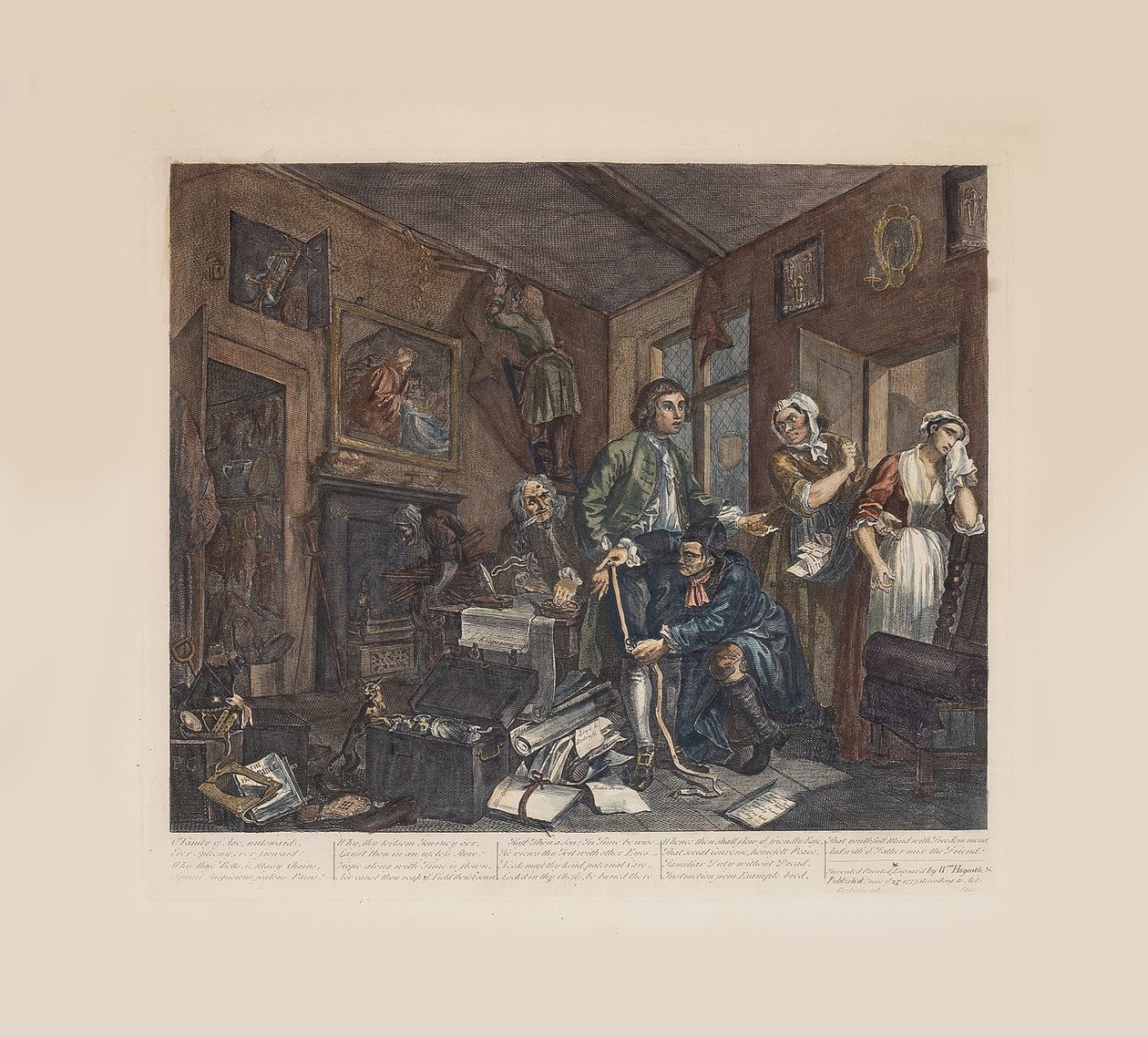 O progresso de um ancinho, placa 1: O jovem herdeiro toma posse dos efeitos do avarento, cerca de 1735. de William Hogarth