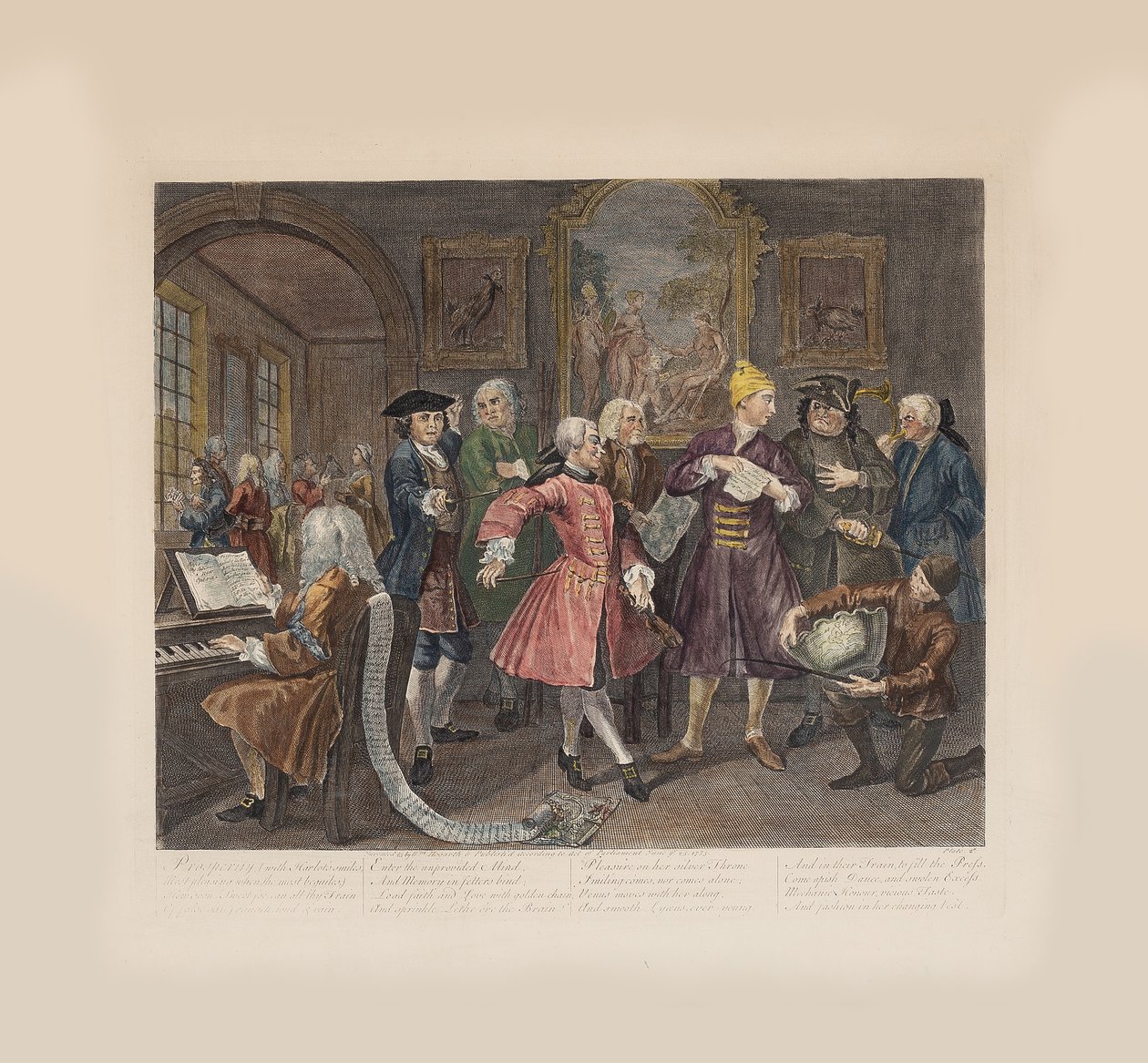 O progresso de um ancinho, placa 2: cercado por artistas e professores, cerca de 1735. de William Hogarth