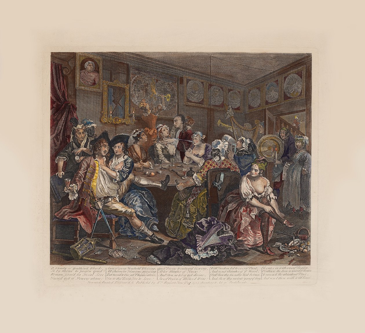 O progresso de um ancinho, Placa 3: A cena da taverna, ca 1735. de William Hogarth